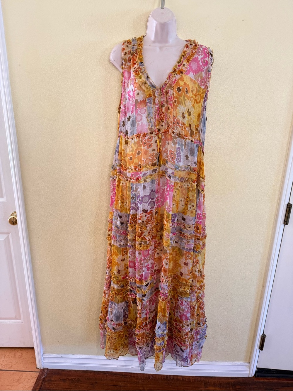 Johnny Was Yellow & Pink Floral Patchwork Maxi Dress silk dress size large